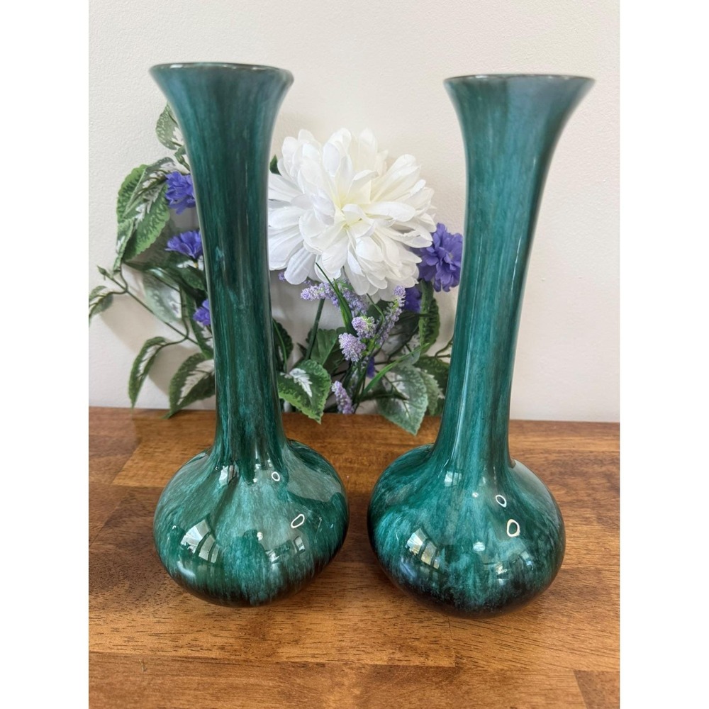 Blue Mountain Vintage Canadian Pottery Vases Green Drip Glaze Pair Retro‎ Decor